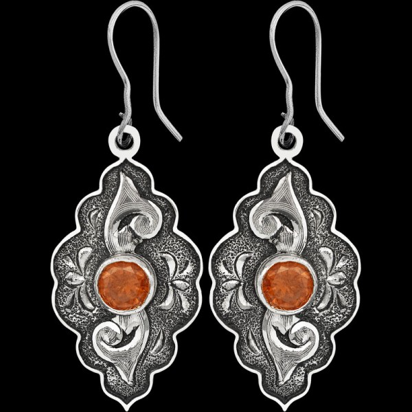 Unleash your inner cowgirl with the Wild Rose Earrings. Featuring two customizable stones and detailed hand engraved scrolls on fine German Silver matted bases. Order now!